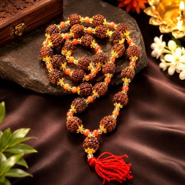 Golden Cap Rudraksha Munga Mala With Crystal golden-rudraksha-munga-mala-jyotishshop