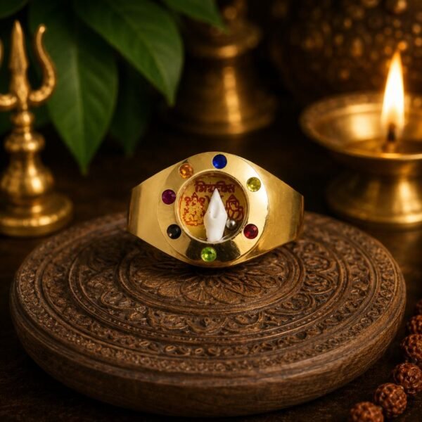 Premium Ashtadhatu Shiv Shakti Ring With Gemstone And Shankh | अष्टधातु शिव शक्ति रिंग ashtadhatu-trishakti-ring-shankh-jyotishshop