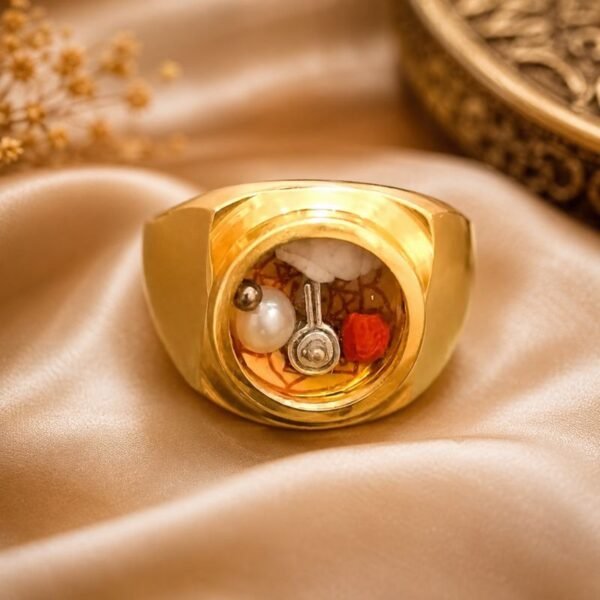 High Quality Heavy Ashthdhatu Shriyantra Ring With Shankh Rudraksha Para Moti And Shivling Moti Shivling Ashtadhatu Ring Jyotishshop 600x600