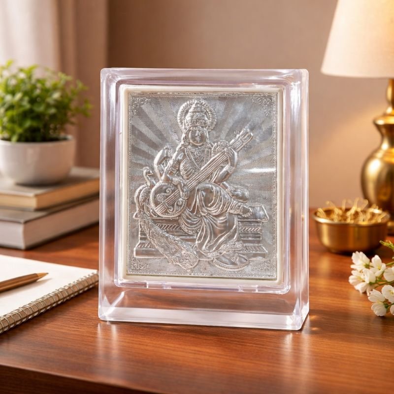 silver-saraswati-photo-frame-jyotishshop